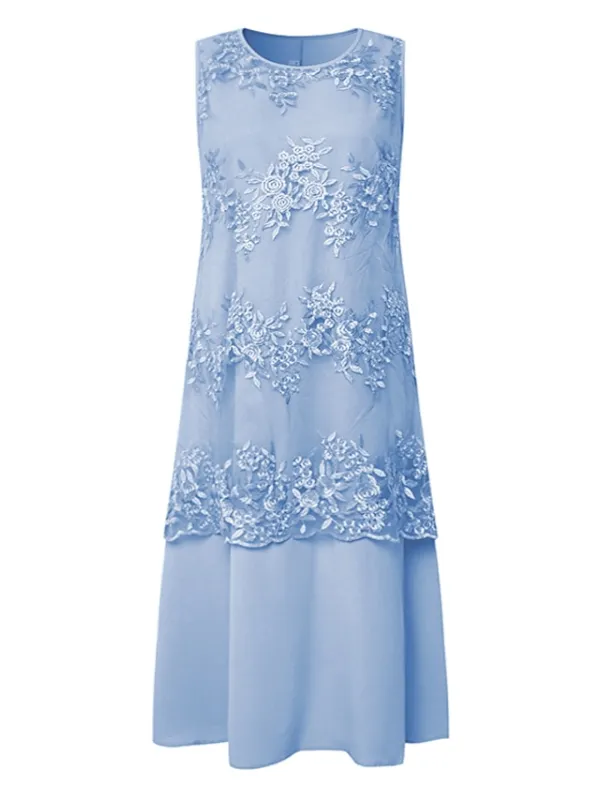 Women's Dress Set Lace Dress Midi Dress Light Blue Green Gray Half Sleeve Floral Embroidered Layered Patchwork Summer Spring Fall Crew Neck Elegant Chinoiserie 2023 M L XL XXL XXXL 4XL 5XL