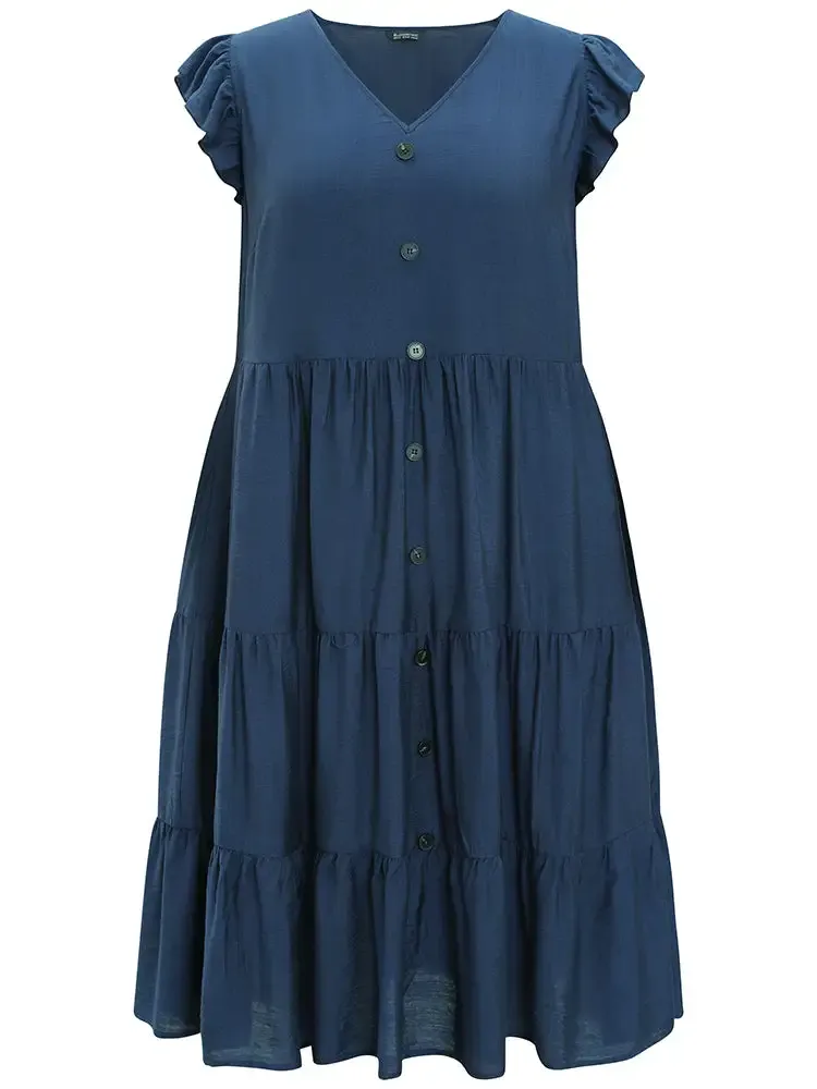 Plain Pocket Button Detail Ruffle Layered Hem Dress