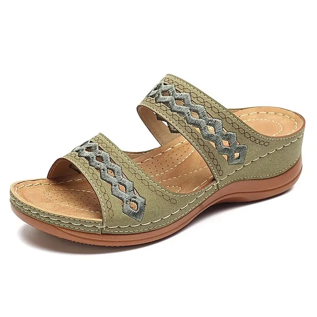 Women's Sandals Slippers Casual Daily Beach Solid Colored Summer Spring Cut Out Embroidery Wedge Heel Round Toe Casual Minimalism Synthetics Loafer Wine