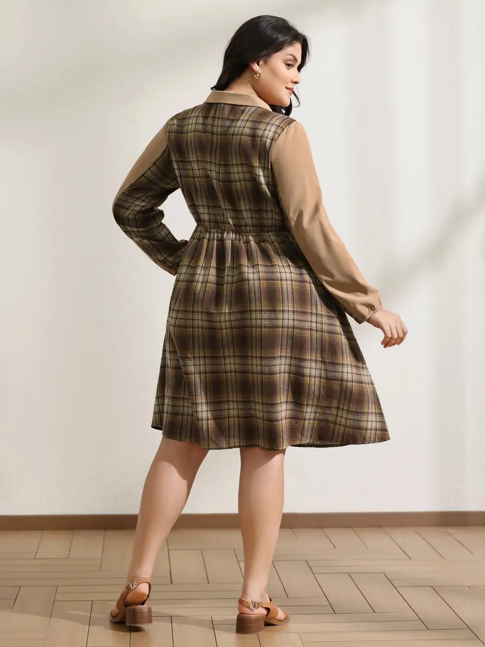 Corduroy Plaid Pattern Contrast Midi Dress