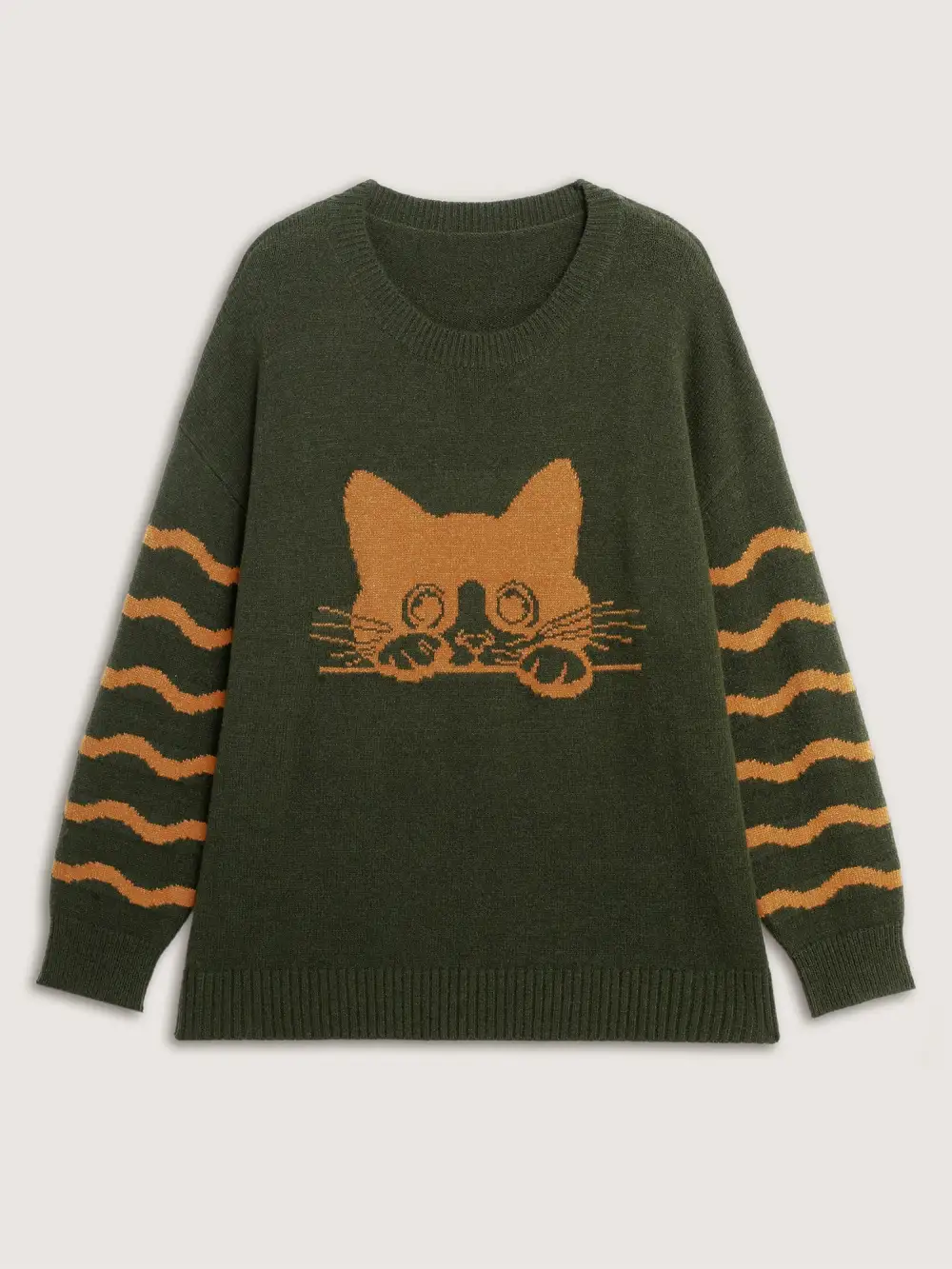 Cat Wavy Print Jacquard Contrast Pullover