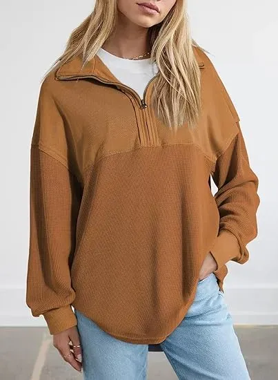 Oversized Waffle Knit Half Zip Pullover Soft Polyester Blend Long Sleeve Sweatshirt
