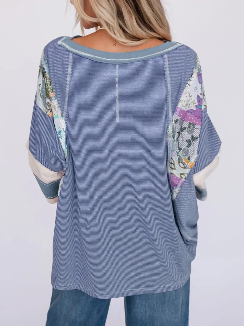 ✨Women's Casual Striped Floral Print Patchwork Oversized 3/4 Sleeve Top