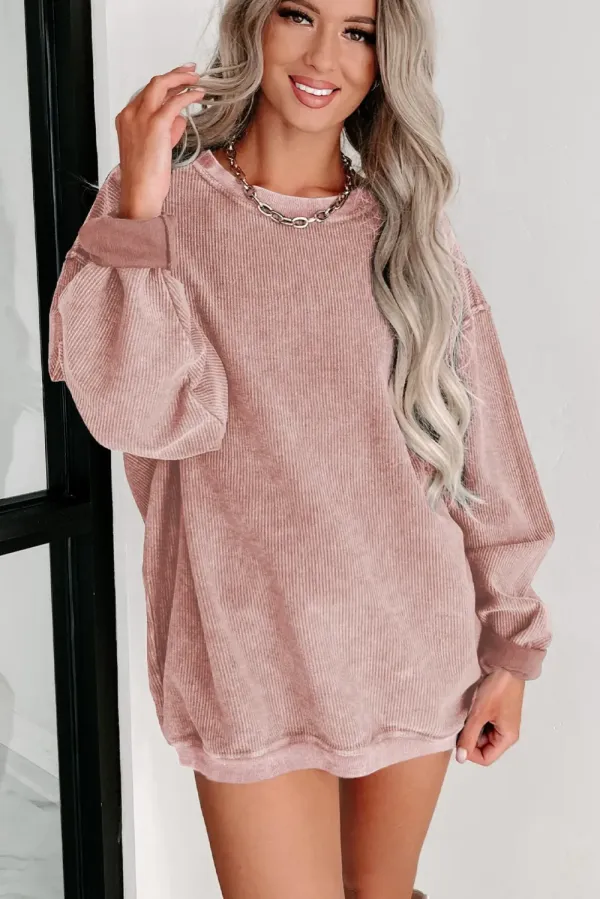 ✨ Women's Solid Color Ribbed Knit Round Neck Pullover Sweatshirt