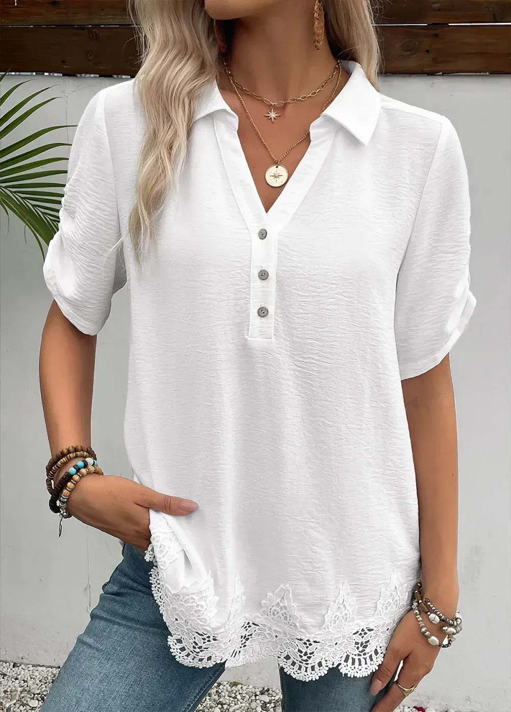 White Short Sleeve Shirt Collar Blouse