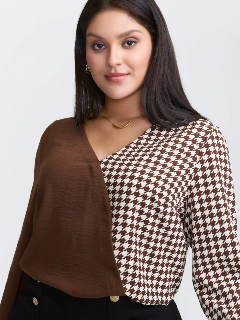 Checkered Contrast Button V-Neck Blouse