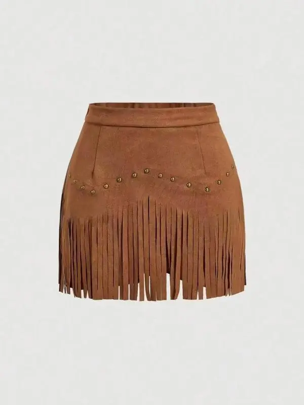 Women's Fringe Trim Skirt – Elegant Solid Color Zipper Bottom