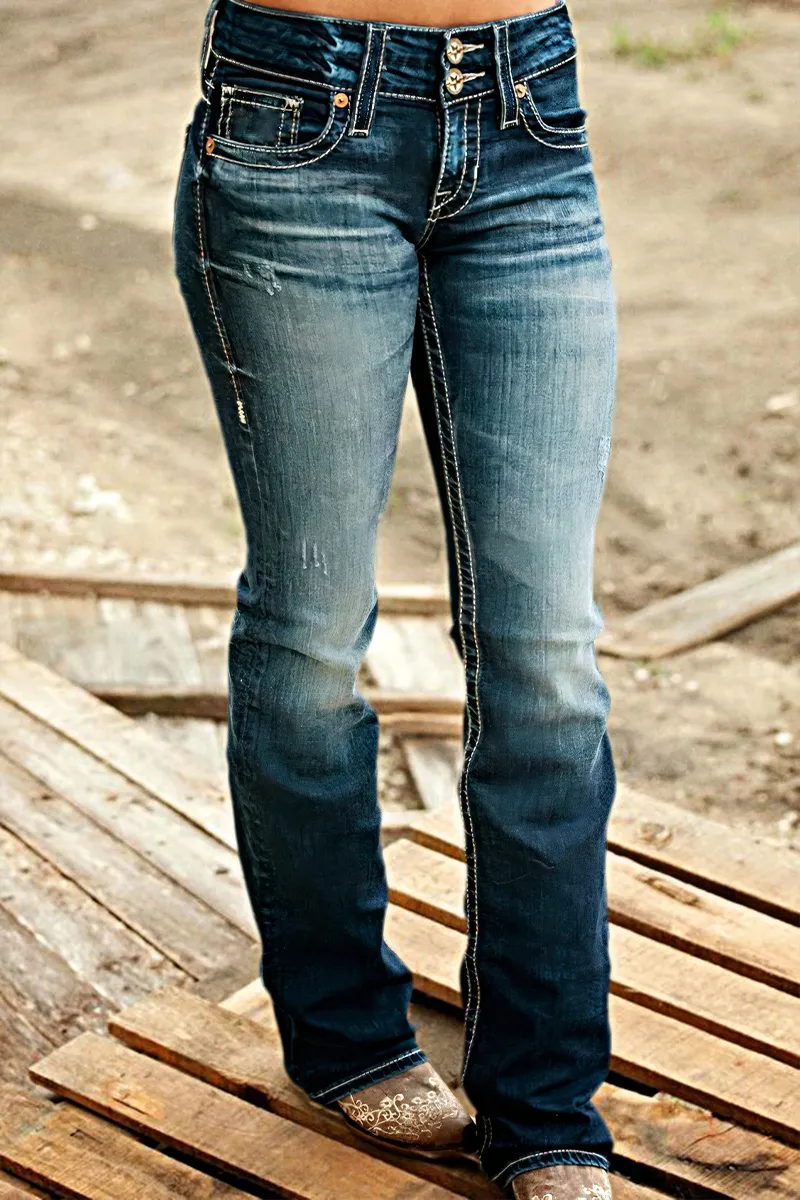 Double Button Mid Waist Bootcut Jeans