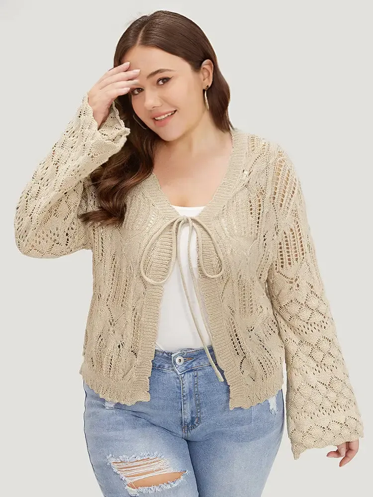Hollow Out Bell Sleeve Tie Front Cardigan