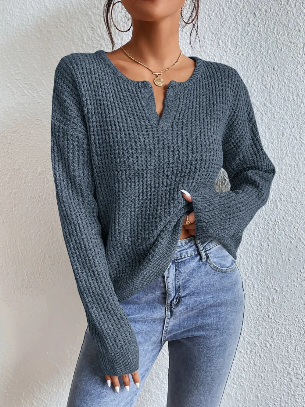 Frenchy Notched Neck Drop Shoulder Collar Detail Sweater