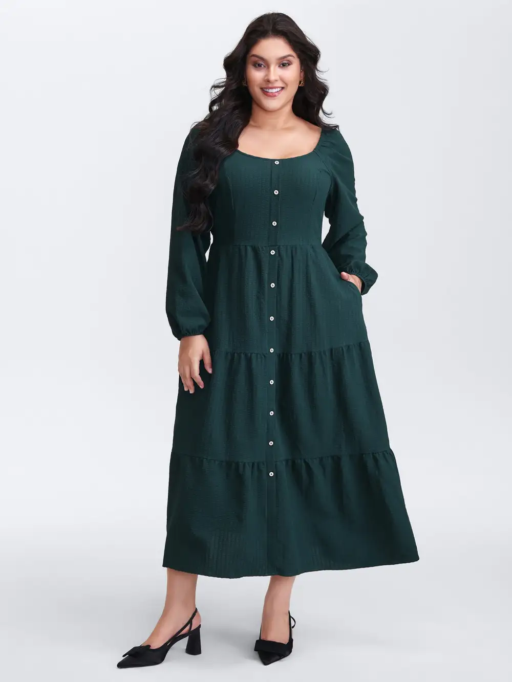 Textured Pockets Button Detail Tiered Maxi Dress