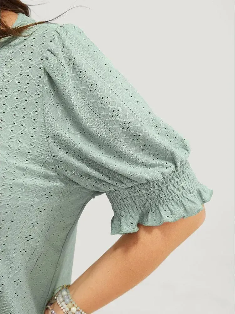Plain Broderie Anglaise Shirred Puff Sleeve Button Detail T-shirt