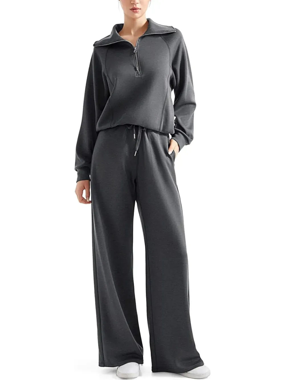 💥Women 2 Piece Lounge Matching Set Wide Leg Sweatpant Half Zip Sweatshirt