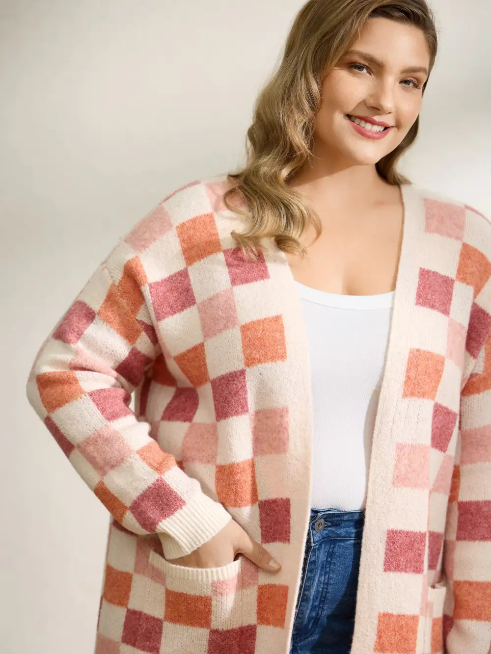 Checkered Color Contrast Open-Front Cardigan