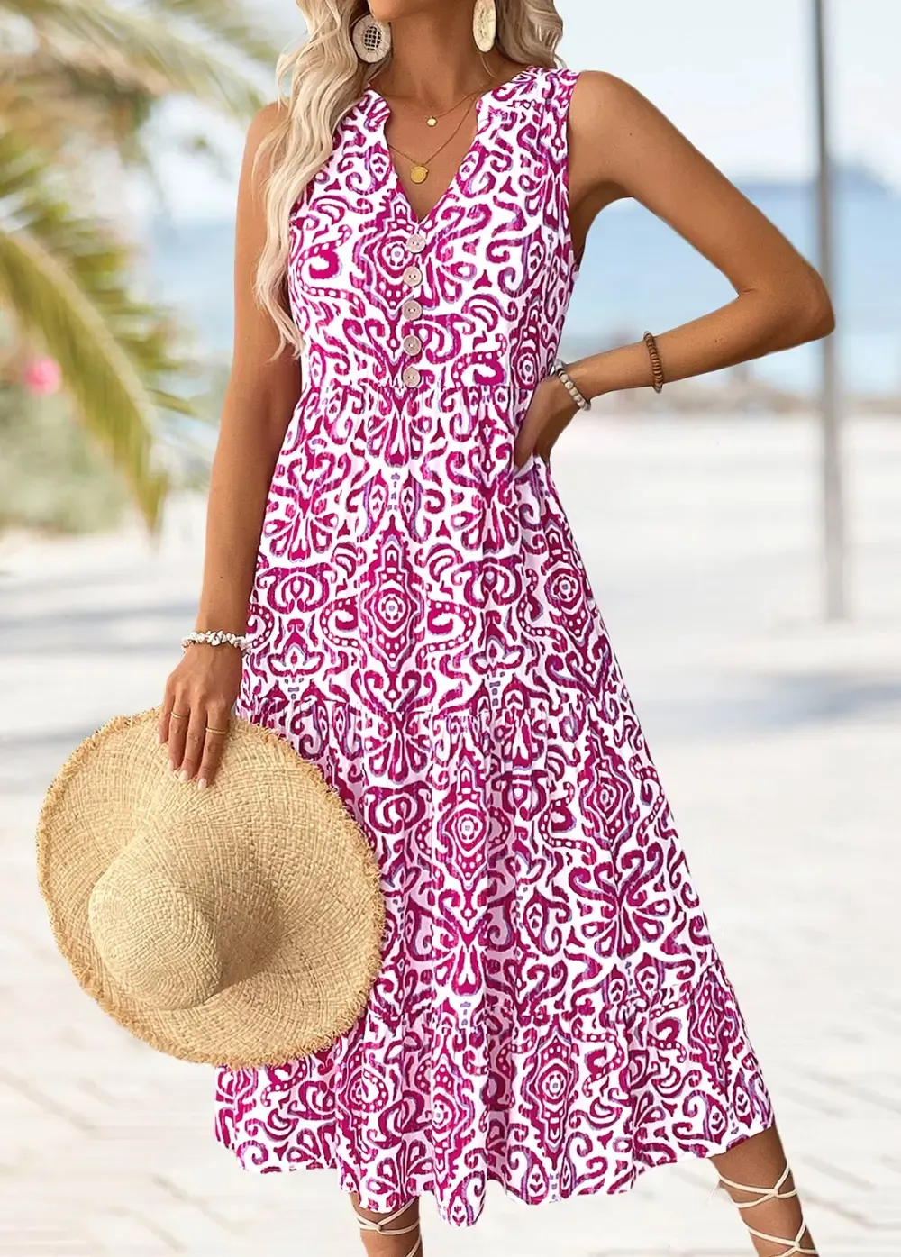 Hot Pink Tribal Print Maxi Sleeveless Split Neck Dress