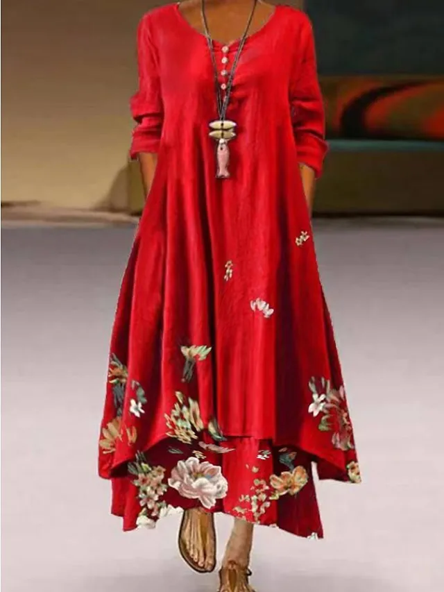 Women‘s Long Dress Maxi Dress White Yellow Pink Long Sleeve Floral Print Summer Spring Fall Crew Neck Summer Dress Regular Fit 2023 S M L XL XXL 3XL 4XL 5XL