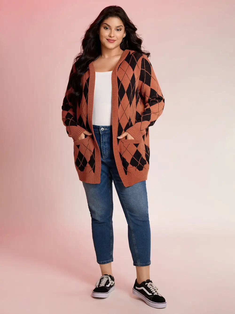 Checkered Jacquard Hooded Pockets Knit Cardigan