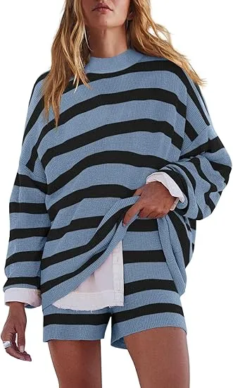 Womens Oversized Lounge Sets 2 Piece Outfits Striped Matching Pajama Set Long Sleeve Sweater Set