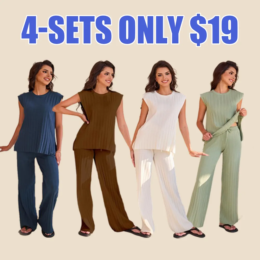 Women's 2-piece summer knit lounge set: short-sleeve pullover + high-waisted wide-leg pants.