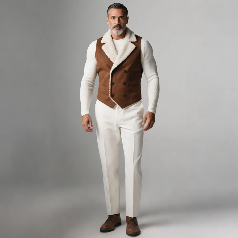 Men's Notch Lapel Fuzzy Lined Double Breasted Sleeveless Suede Vest