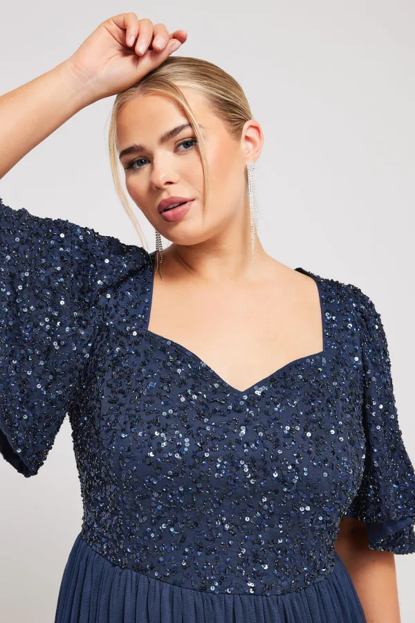 LUXE Curve Black Sequin Sweetheart Ruffle Maxi Dress
