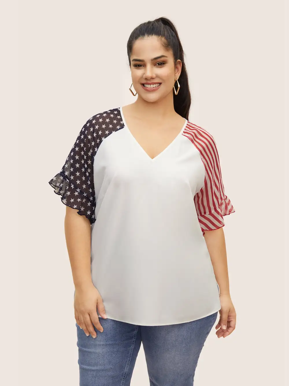 Star & Striped Ruffles Raglan Sleeve Blouse