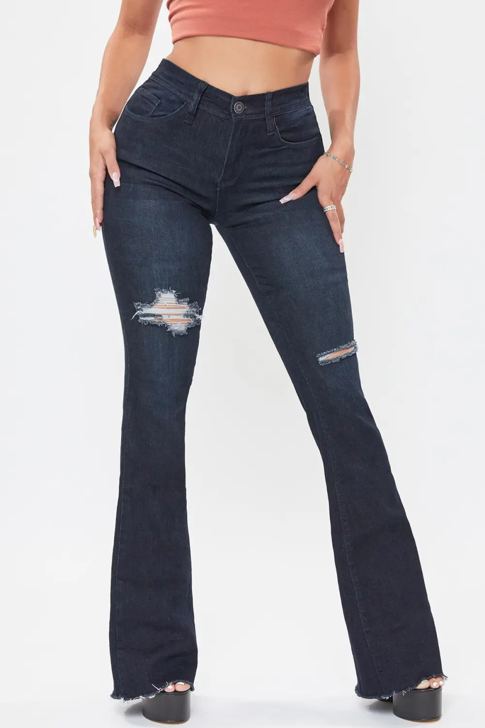 High Waist Button Flare Leg Jeans
