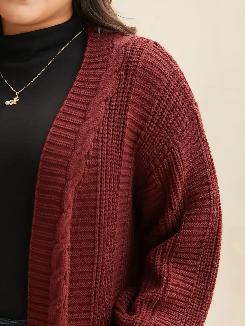 Cable Knit Ribbed Detailing Open Front Cardigan