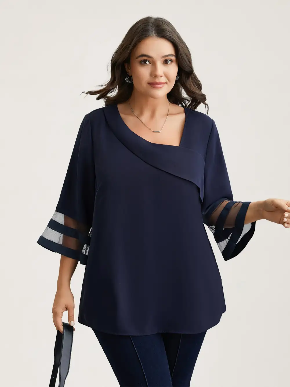 Sheer Sleeve Patchwork Asymmetrical Neckline Blouse