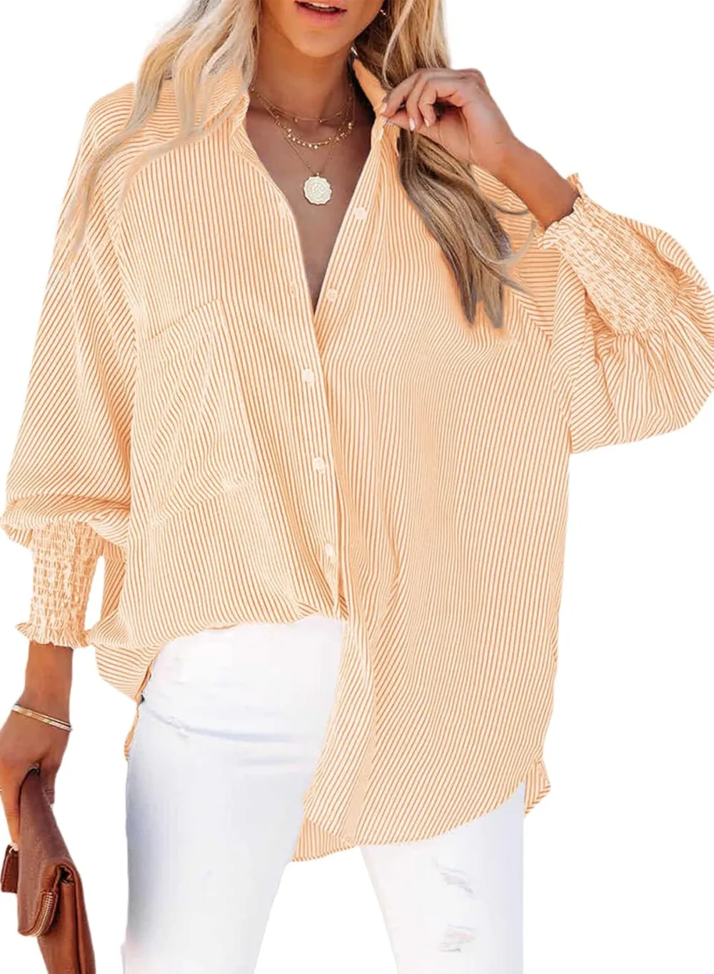 Womens Smocked Cuffed Striped Boyfriend Shirt Casual Collar Long Sleeve Oversized Button Down Blouse Tops with Pocket Shirred