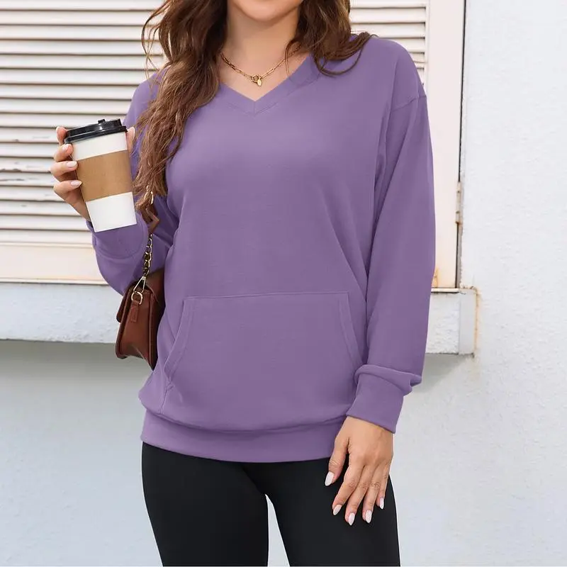 Women's Hoodless V-neck Sweatshirt With Kangaroo Pocket