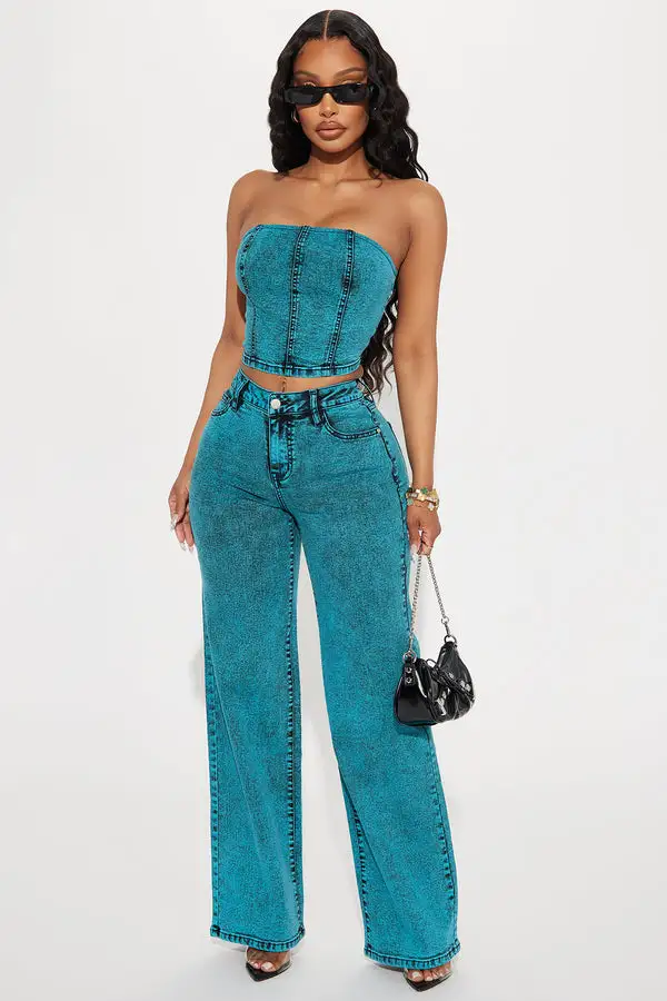 Cyan Stretch Strapless Denim Top - Teal