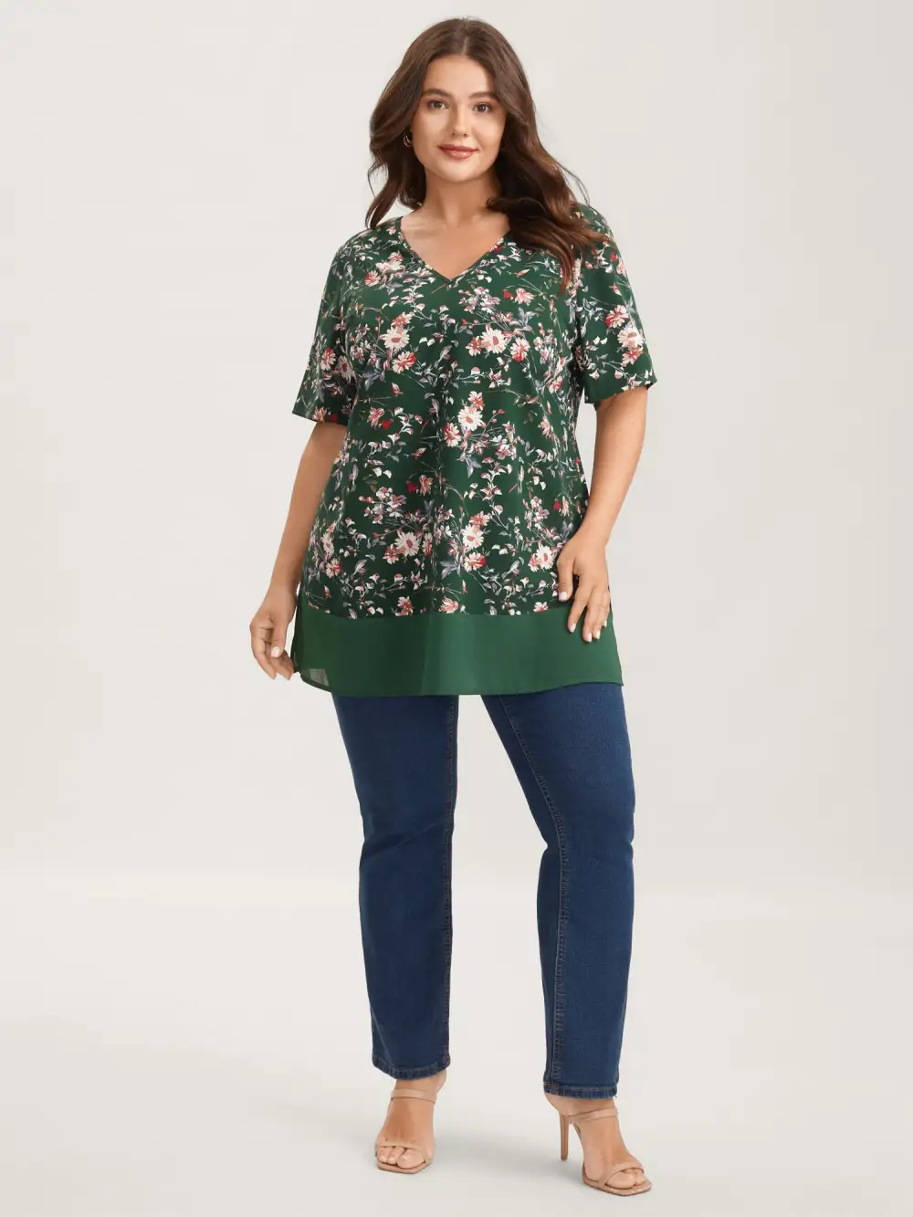 Garden Print Spliced V-Neck Blouse