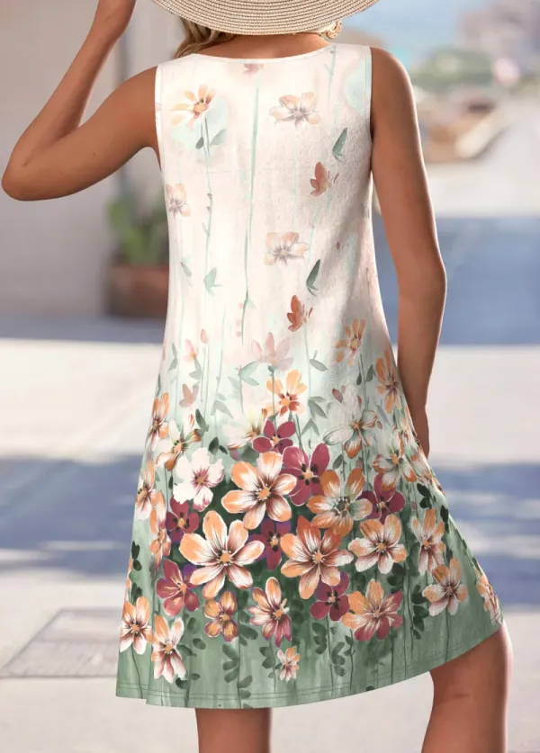 Beige Cut Out Floral Print A Line Sleeveless Dress