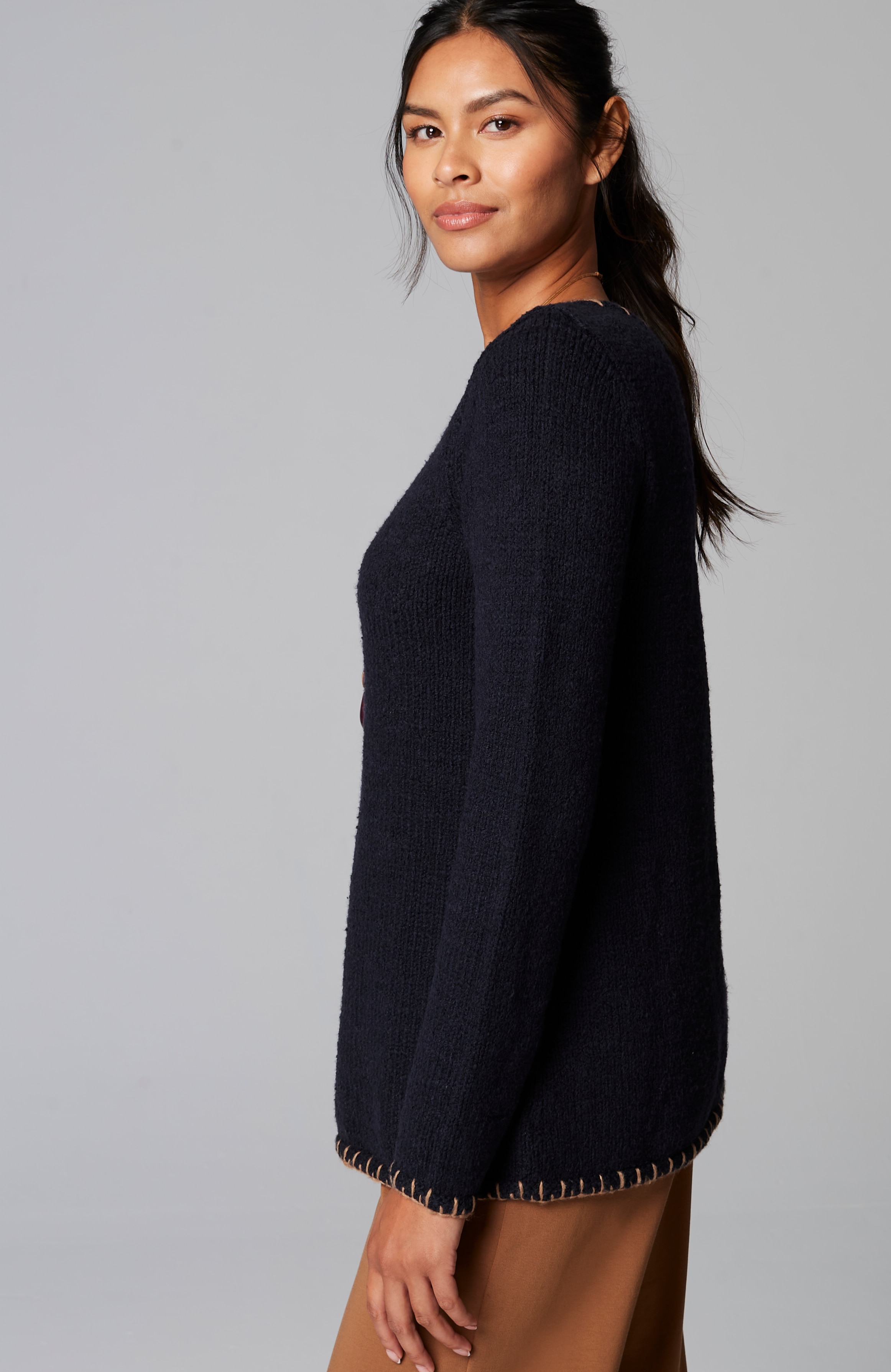 Pure Jill Whipstitch-Trimmed Pullover Sweater