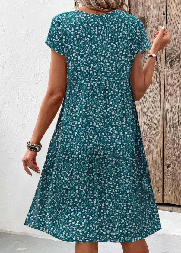 Turquoise Patchwork Floral Print A Line Short Sleeve Dress