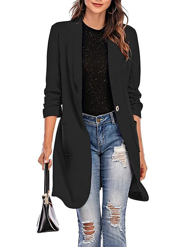 Women's Blazer Clean Fit  Casual Work Daily Fall Spring Long Coat Regular Fit Breathable Lightweight Sporty Casual Jacket 3/4 Length Sleeve Solid Color Black Pink Yellow