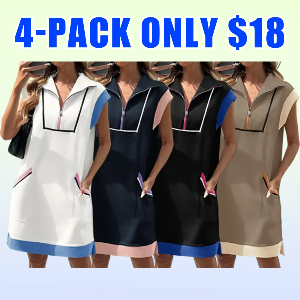 Women's Casual Sleeveless Zip Mini Dress – Contrast Cap Sleeve Sweatshirt Style
