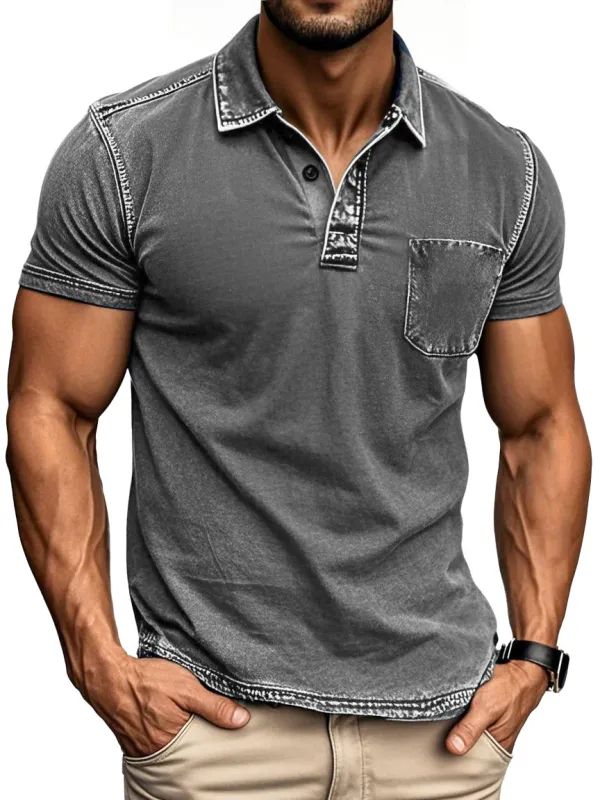 Men's Vintage Outdoor Distressed Short Sleeve Pocket Polo Shirt