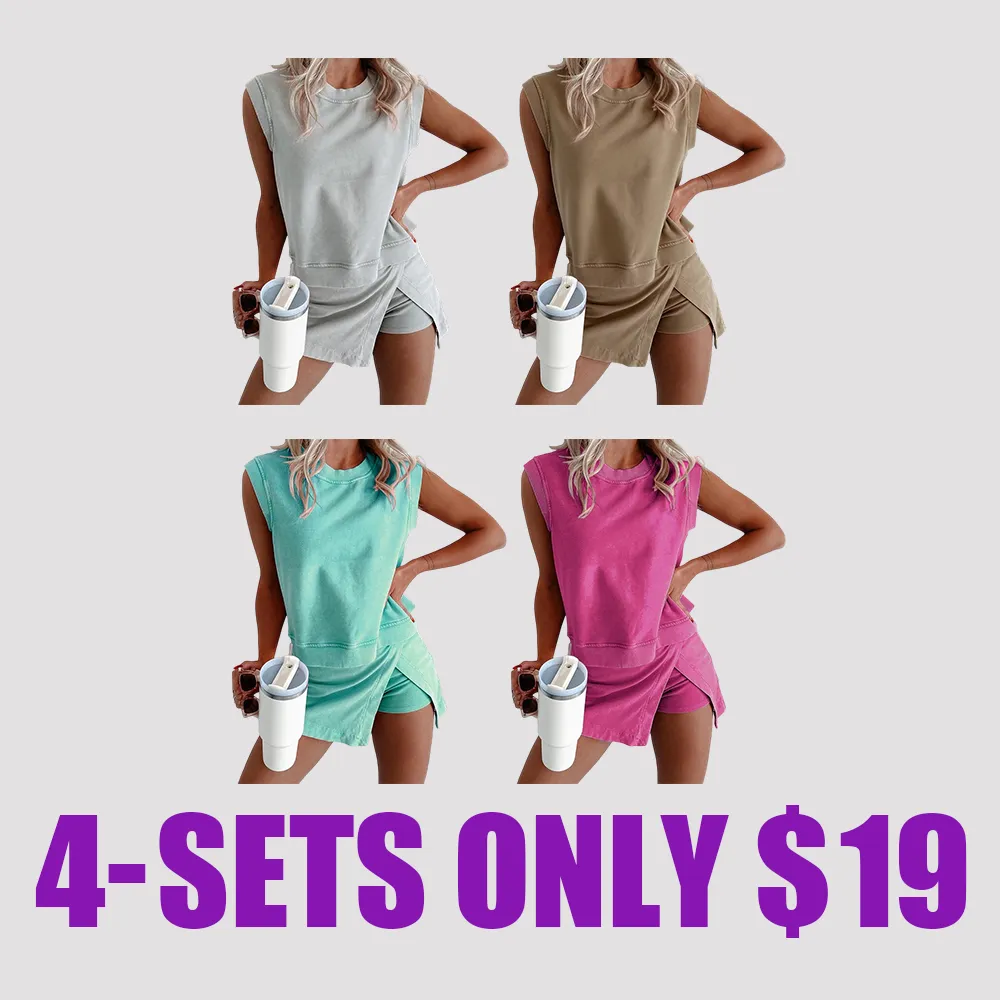 Women's Casual 2-Piece Cotton Tank & Split Skirt Set – Solid Color Summer Outfit