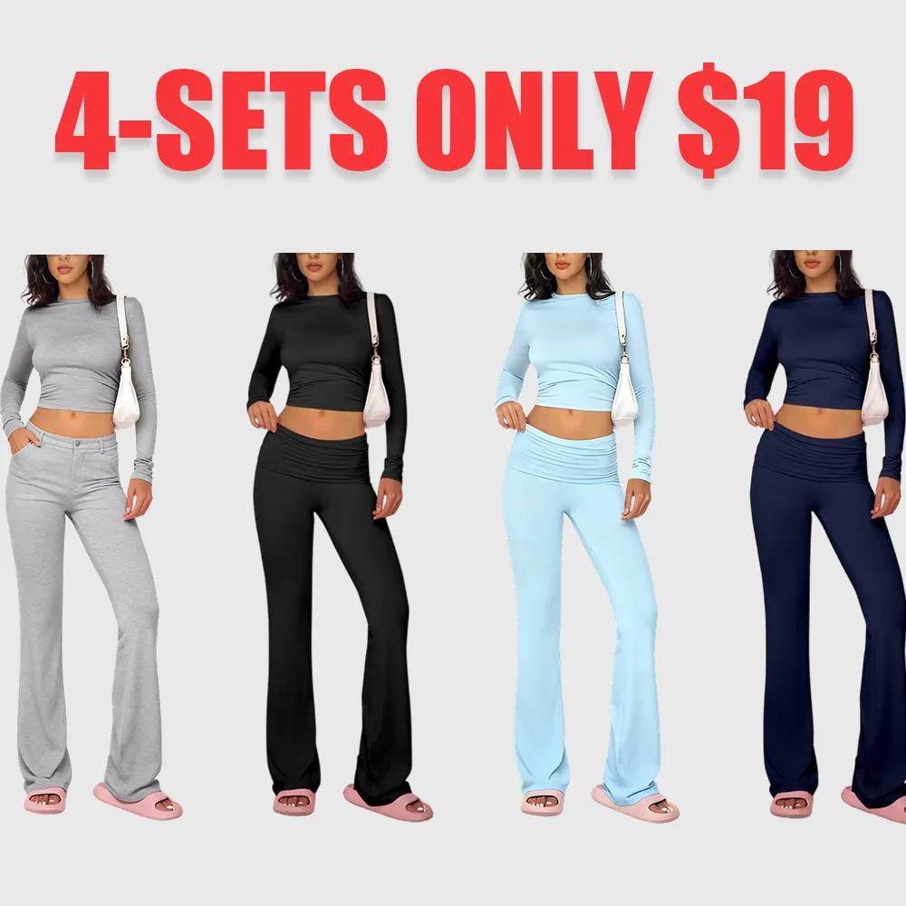 Women's Summer 2-Piece Set: Long-Sleeve Crop Tee + Fold-Over Waist Flare Leg Pants (Casual Elegant)