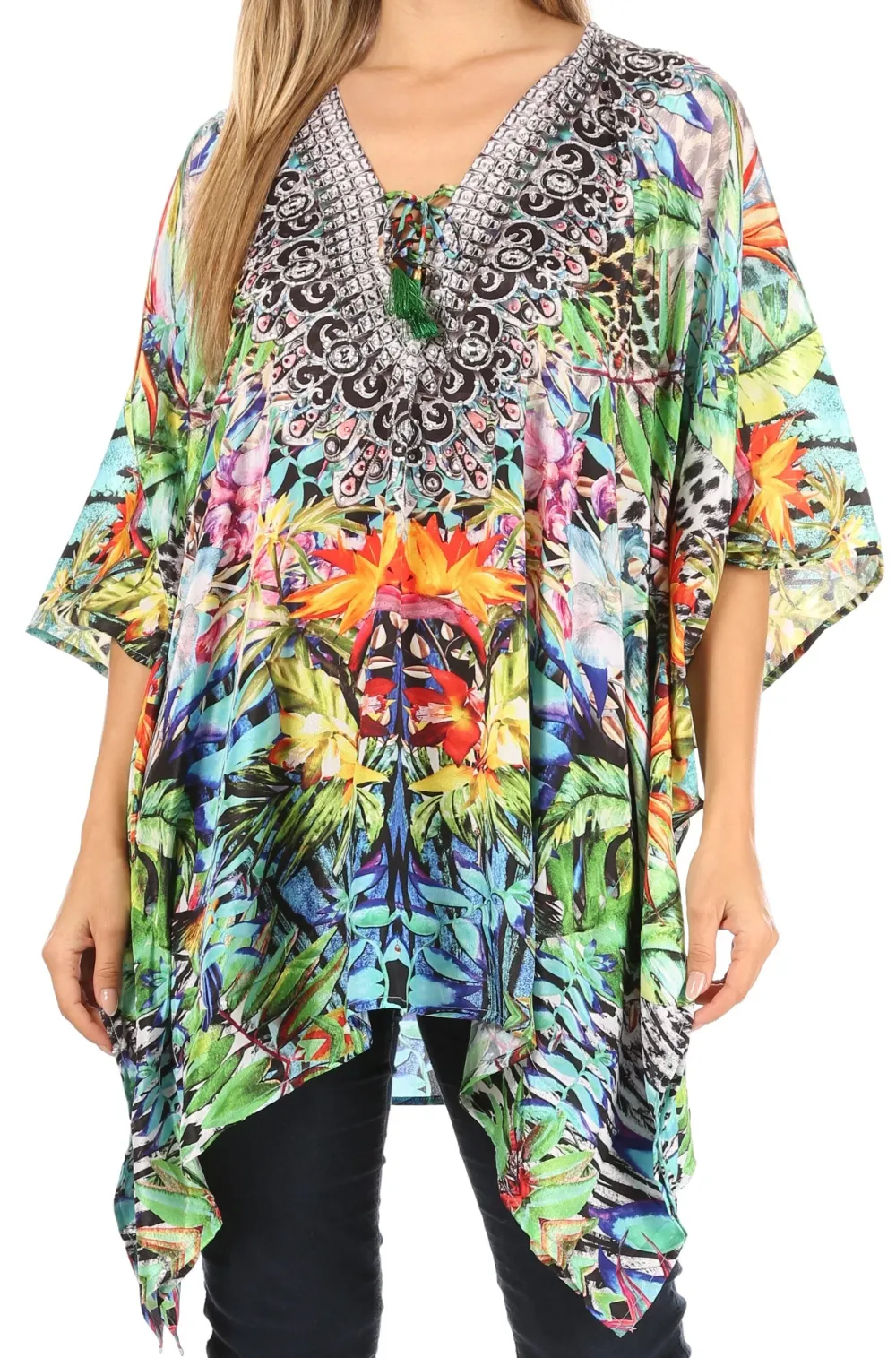 Women's Caftan Poncho Cover up V neck Top Lace up With Rhinestone