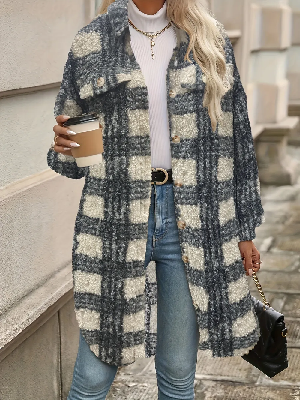 Long Sleeve Plaid Fuzzy Lapel Collar Jacket - Soft, Elegant, and Warm for Fall & Winter - Machine Washable Polyester Coat for Women