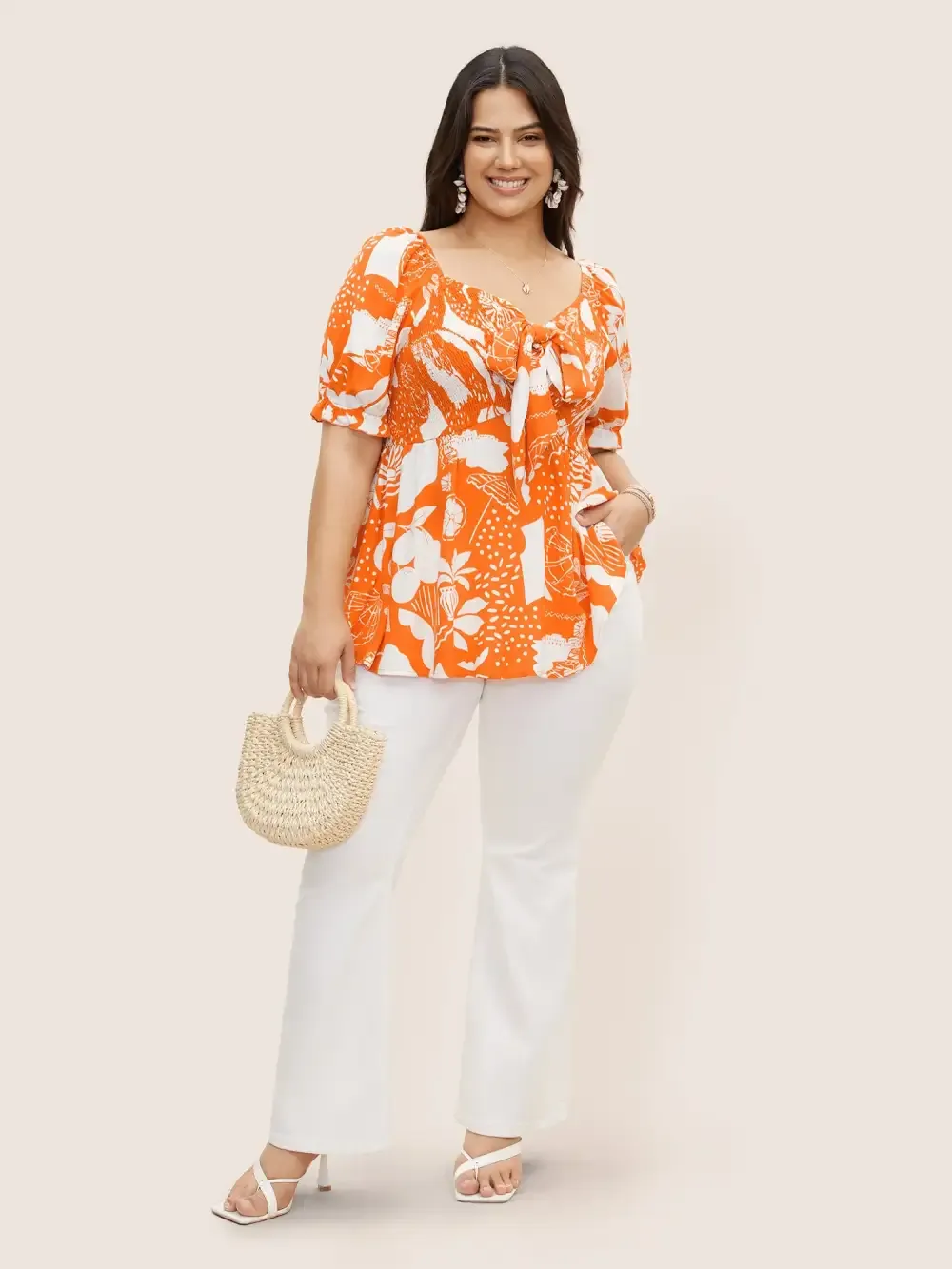 Tropical Print Bowknot Shirred Lantern Sleeve Blouse