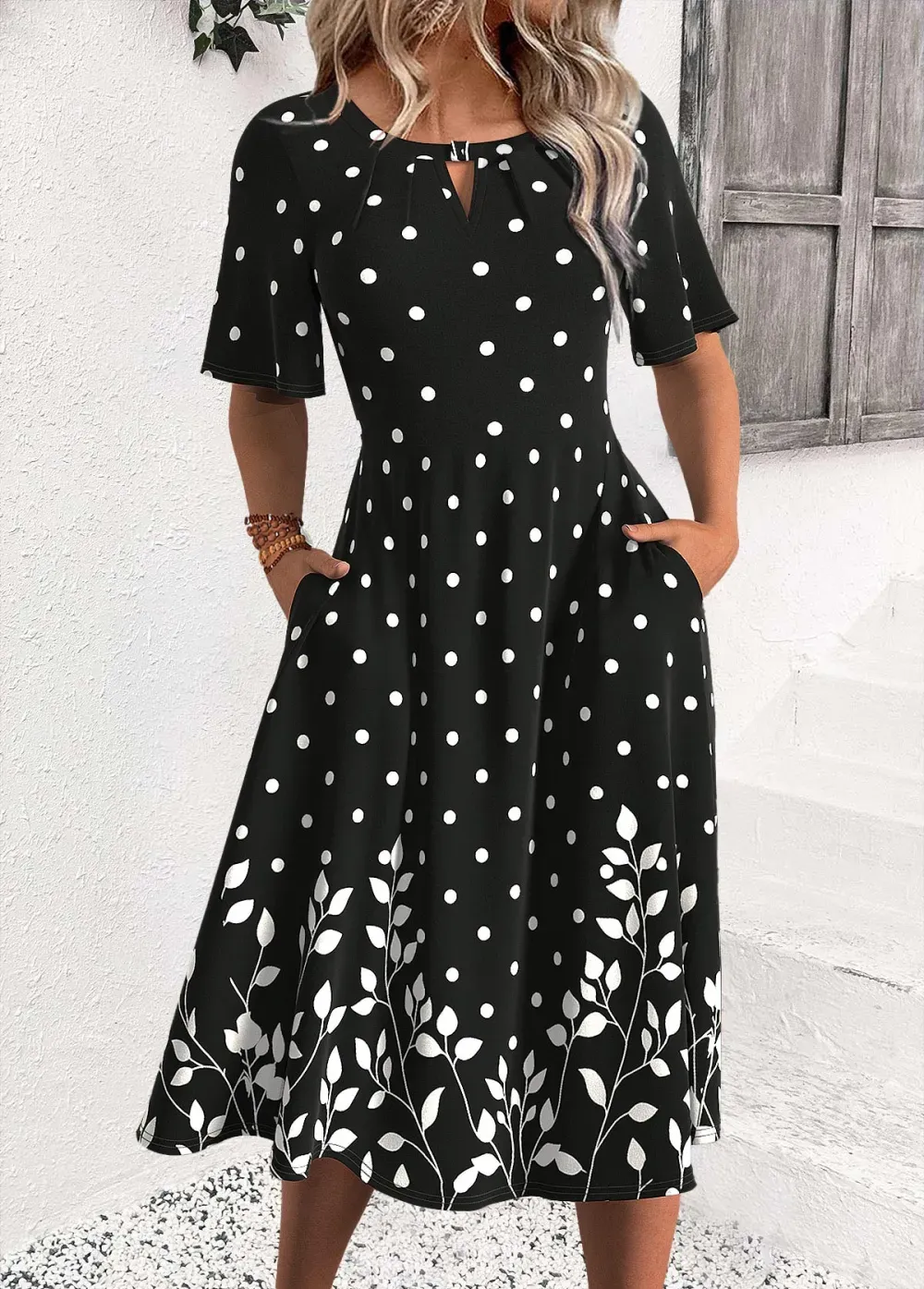 Black Polka Dot Half Sleeve Round Neck Dress