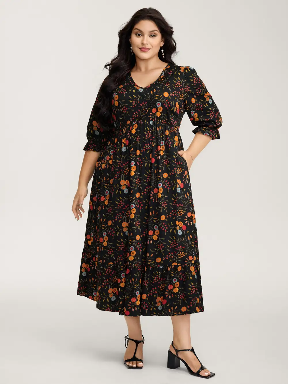 Floral Branch Print Lace Trim Maxi Dress