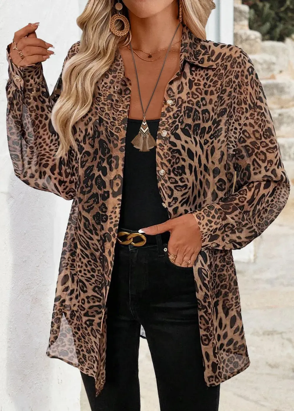 Light Coffee Tummy Coverage Leopard Long Sleeve Shirt