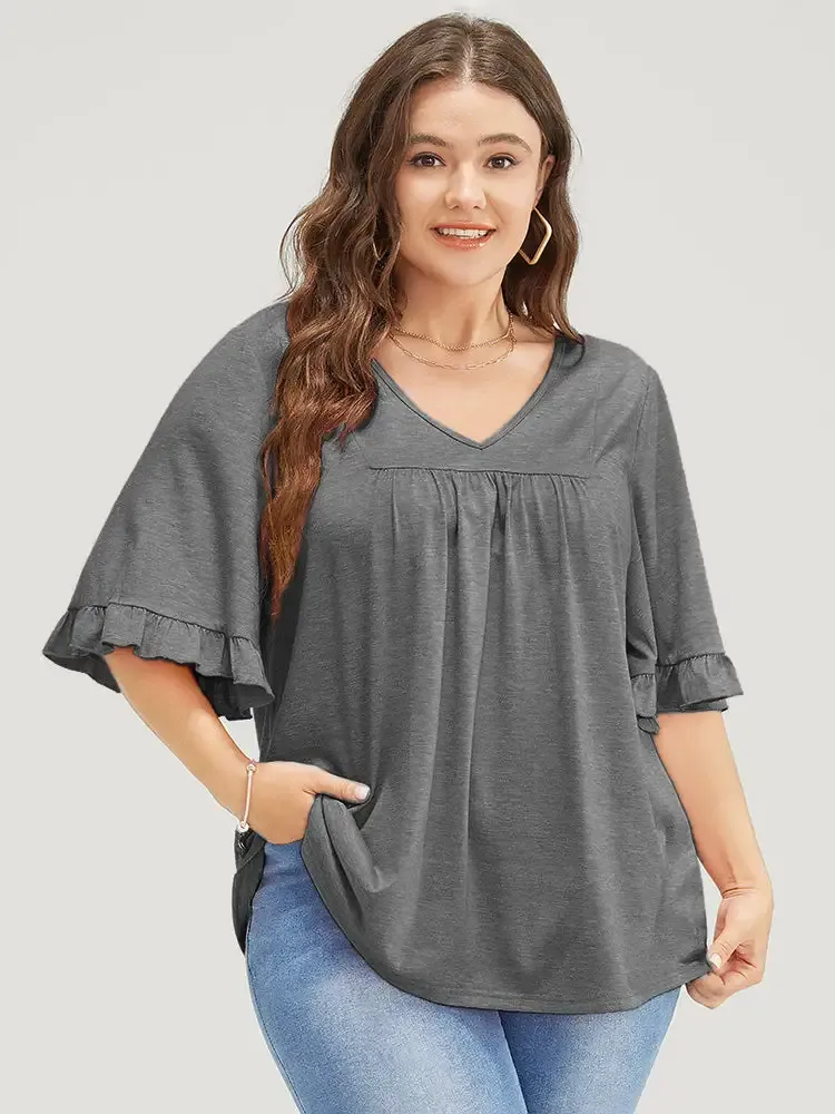 Solid Gathered Ruffle Trim Flounce Sleeve T-shirt