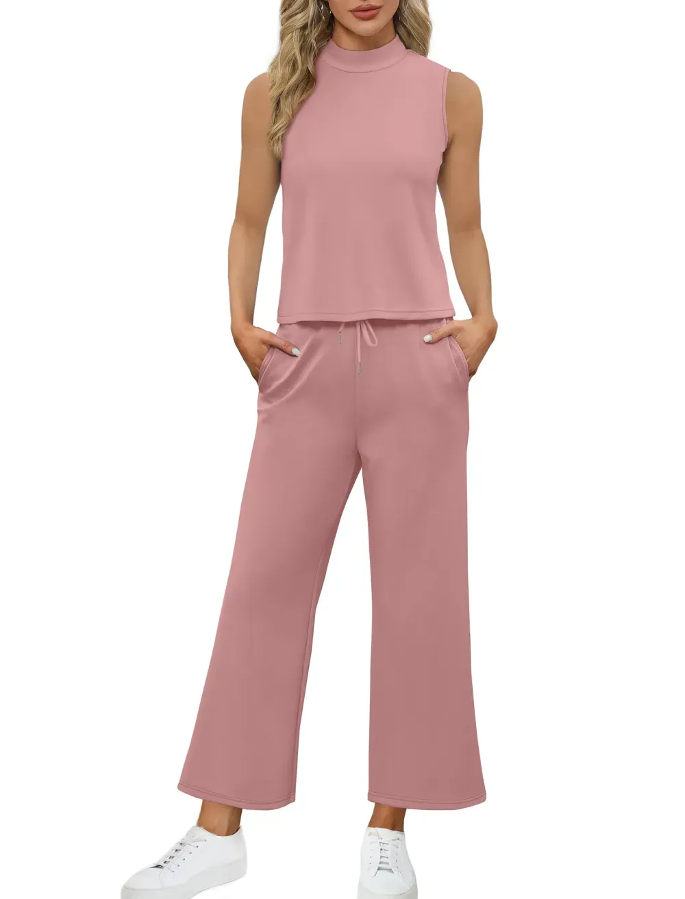 ✨Women's Mock Neck Tops Wide Leg Crop Pants Travel Outfits