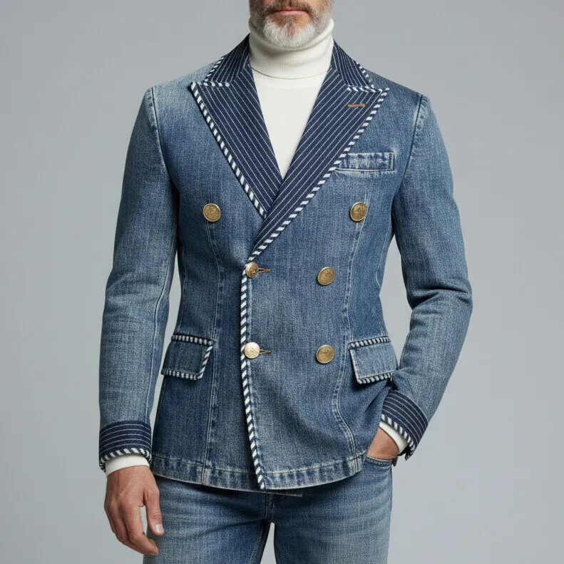 Men's Blue Striped Patchwork Peak Lapel Double Breasted Long Sleeve Denim Blazer